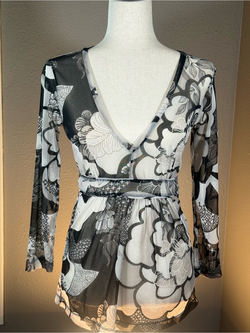 Mexx Sheer Floral Wrap Top - Black & White